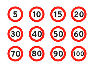 Speed limit 5, 10, 15, 20, 30, 40, 50, 60, 70, 80, 90, 100 round road traffic icon sign flat style design vector illustration set isolated on white background. Circle standard road sign number kmh. - obrazy, fototapety, plakaty