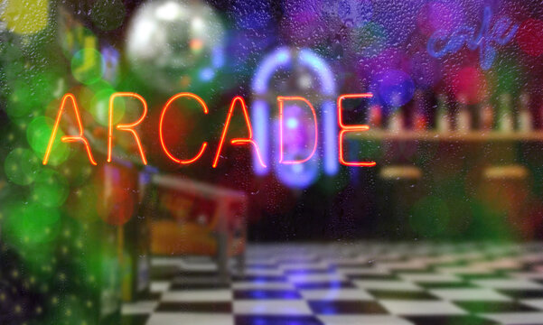 Neon Arcade Sign in Window Composite Image with blurred Arcade in Background.