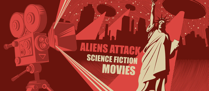 Cinema poster, banner, flyer, ticket to science fiction movies. Vector illustration with an old movie projector, night cityscape and flying saucers with a bright beams aimed at a Statue of liberty