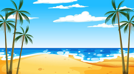 Beach at daytime landscape scene with palm tree