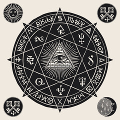Hand-drawn illustration with an all-seeing eye inside octagonal star, alchemical, Masonic and esoteric symbols. Vector banner or mascot in the form of a circle with a third eye, magic signs and runes