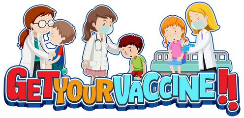 Get Your Vaccine font banner with patient kids and doctor cartoon character