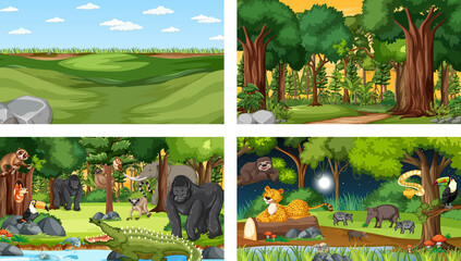 Obraz na płótnie Canvas Set of different forest horizontal scene with various wild animals