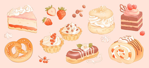 Set of hand drawn cakes, sweets and berries isolated on pink background. Vector illustration