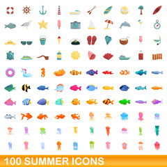 Naklejka premium 100 summer icons set. Cartoon illustration of 100 summer icons vector set isolated on white background