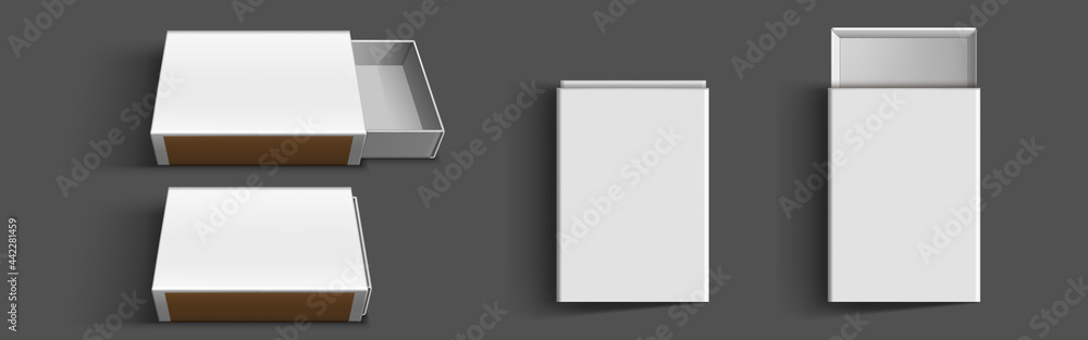 Poster white matchbox, empty package for match sticks in top and perspective view. vector realistic mockup 