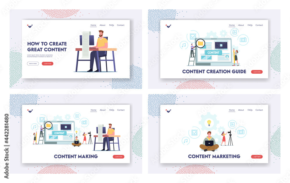 Poster tiny characters creating content, copywriting, marketing landing page template set. copywriter, writ