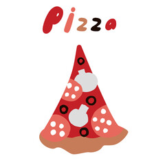 A triangular piece of pizza with a signature, a pizza drawn in the style of a doodle