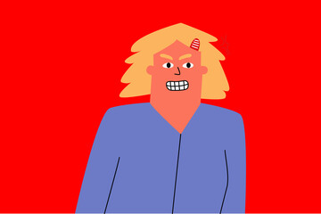 An angry woman with an open, bared mouth. Stress, fatigue, irritation. Vector woman in a simple style