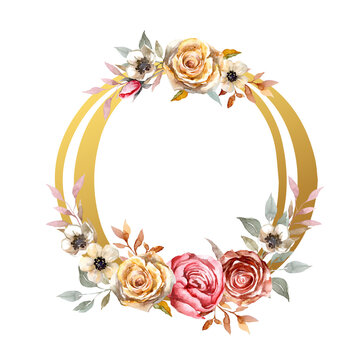 Golden letter O, decorated with bouquets of roses. Boho style. Vintage watercolor illustration.
