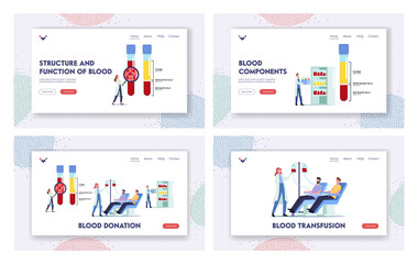 Blood Donation Landing Page Template Set. Tiny Doctor Character at Huge Flasks with Plasma, White and Red Blood Cells