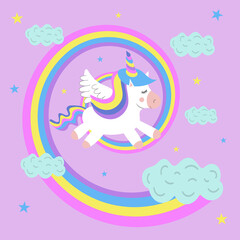 Cute little unicorn with wings is flying over the rainbow among the stars and clouds. Cartoon ullustration for baby clothes, nursery art, sticker, print, pop art.