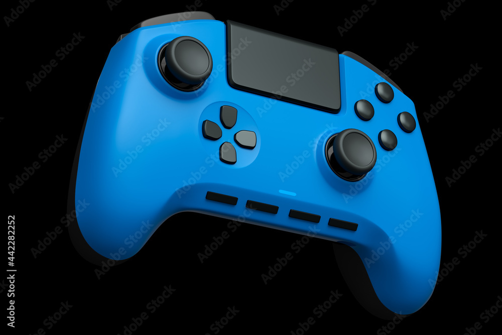 Poster realistic blue joystick for video game controller on black background
