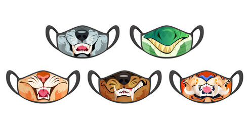 Face masks with scary animal mouth with fangs isolated on white background. Vector cartoon set of black cloth medical protective masks with print of tiger, cat, wolf, lion, crocodile and dog teeth