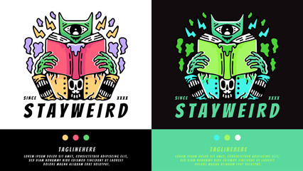 cat alien reading book in hype style. illustration for t shirt, poster, logo, sticker, or apparel merchandise.