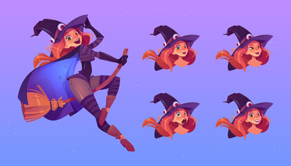Witch flying on broom, beautiful redhead woman in spooky hat with different face expression cartoon set. Sexy girl in magician costume, Halloween character smile, surprised emoji, vector illustration - obrazy, fototapety, plakaty