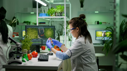 Front view of woman researcher analyzing petri dish with vegan meat typing biological expertise on...