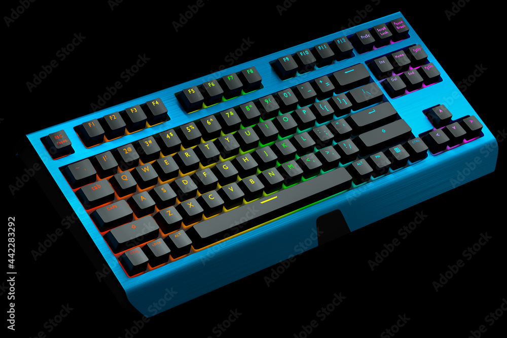 Poster blue computer keyboard with rgb colors isolated on black background.