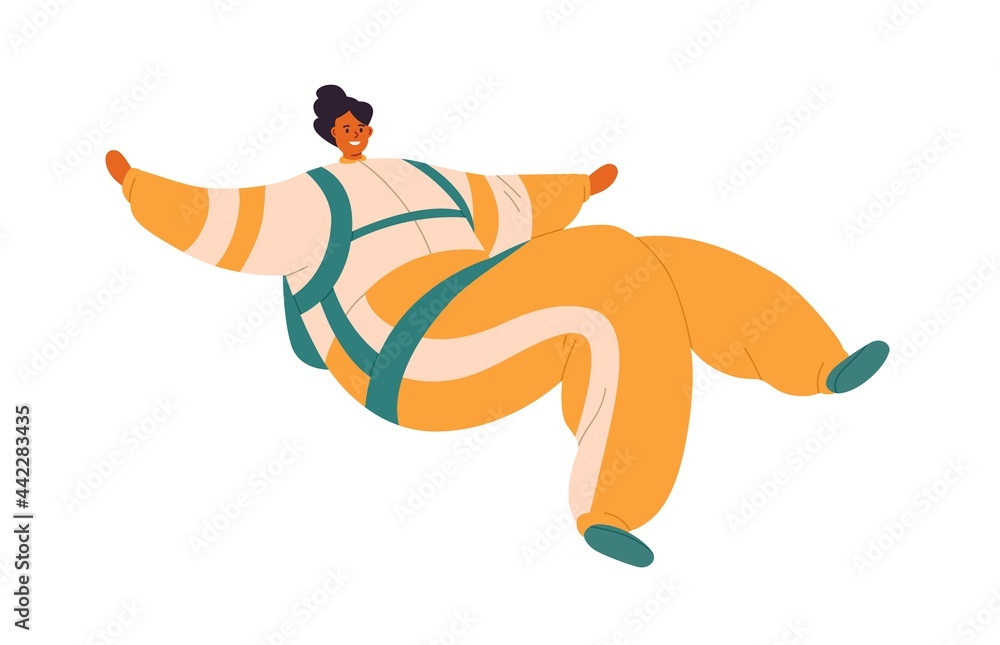 Aufkleber free fall of happy smiling woman. parachutist flying down during skydiving jump. skyjumper floating 