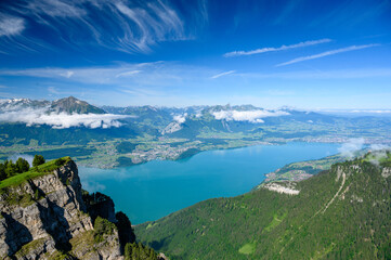 view from Niederhorn over Lake Thun with Spiez, Niesen and Thun