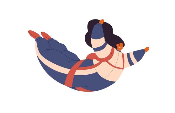 Free fall with parachute of happy woman. Female character flying down during skydiving jump. Fearless skyjumper soaring. Colored flat vector illustration parachutist isolated on white background