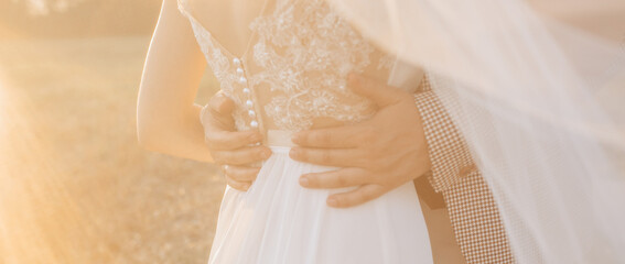 Bride and groom on wedding day hug and show love at sunset blur background