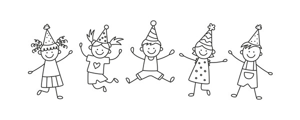 A group of happy jumping kids at a birthday party. Children in festive hats jump on a fun holiday. Hand drawn children drawing. Vector illustration isolated in doodle style on white background.