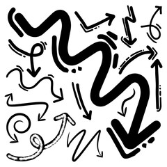 Arrows hand drawn doodle vector set isolated on white backround.