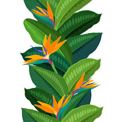 Obraz premium Tropical flower strelitzia, seamless vertical background. Vector illustration cartoon flat template for packaging design and wallpaper.