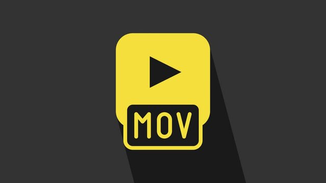 Yellow MOV file document. Download mov button icon isolated on grey background. MOV file symbol. Audio and video collection. 4K Video motion graphic animation