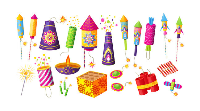 Collection of different firecracker or pyrotechnics rocket. Equipment for fireworks festival or holiday. Feast petard for festival celebration. Festive decoration for Diwali holiday