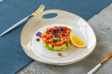 Salmon tartare with chopped avocado on plate