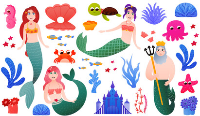 Colourful set of mermaid characters in cartoon style and underwater flora and fauna - seaweeeds and corals, castle