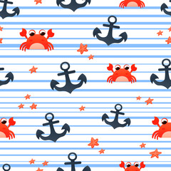Simple marine seamless pattern with blue stripes, anchors and cute crab character in cartoon style, colourful starfish
