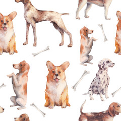 Dogs seamless pattern. Watercolor cute pet texture. Animals and bones surface design. Repeating wallpaper design