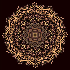 Floral Mandala lace pattern. Mandala in yellow-brown tones on a black background
