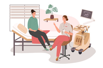 Medical office web concept. Pregnant woman on ultrasound. Doctor examines patient, monitoring prenatal development of baby. People scenes template. Vector illustration of characters in flat design