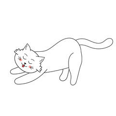 Cute white cat stretched out its paws and arches its back. Vector illustration with cartoon funny domestic pet.