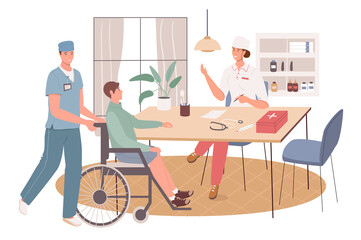 Medical office web concept. Disabled person at doctor appointment. Nurse helping handicapped person. Treatment, rehabilitation. People scenes template. Vector illustration of characters in flat design