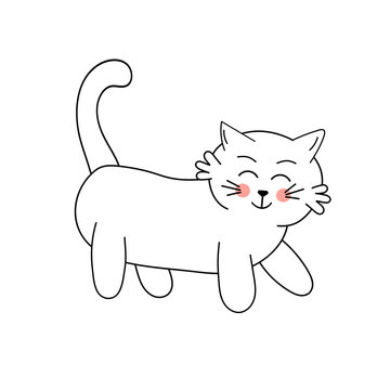 Сute white cat is walking and smiling. Vector illustration with cartoon funny domestic pet.