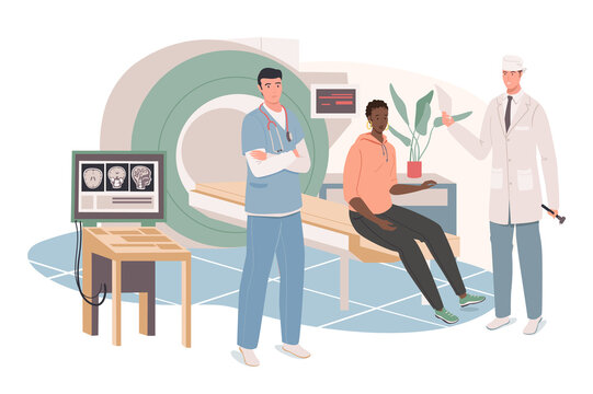Medical office web concept. Doctor and nurse in mri room examining sick woman patient. Medical clinic diagnosis and treatment. People scenes template. Vector illustration of characters in flat design