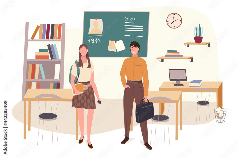 Poster school web concept. students learns at history lesson at classroom. teenage classmates study in clas