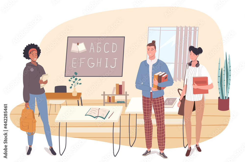 Poster school web concept. students learn at language course at classroom. multiracial teenage classmates s