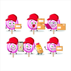 Cartoon character design of lolipop spiral working as a courier. Vector illustration