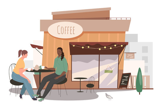 Street cafe building web concept. Two women drinking coffee sitting at table in cafeteria. Meeting friends for breakfast. People scenes template. Vector illustration of characters in flat design