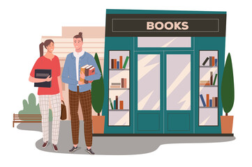 Bookstore building web concept. Couple buys books at bookshop. Students holding textbooks and standing at entrance to store. People scenes template. Vector illustration of characters in flat design