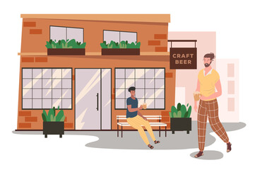 Craft beer store building web concept. Men drink beer on street near shop. Customers taste alcoholic beverages, relax by pub. People scenes template. Vector illustration of characters in flat design