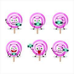 Photographer profession emoticon with lolipop spiral cartoon character. Vector illustration