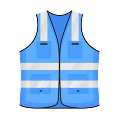 Safety reflective vest icon sign flat style design vector illustration. Blue colored fluorescent security safety work jacket reflective stripes. Front view road uniform vest isolated white background.