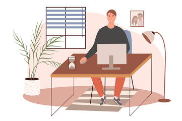 Office workplace web concept. Man working on computer sitting at desk in cozy room with decor. Freelancer or remote worker. People scenes template. Vector illustration of characters in flat design
